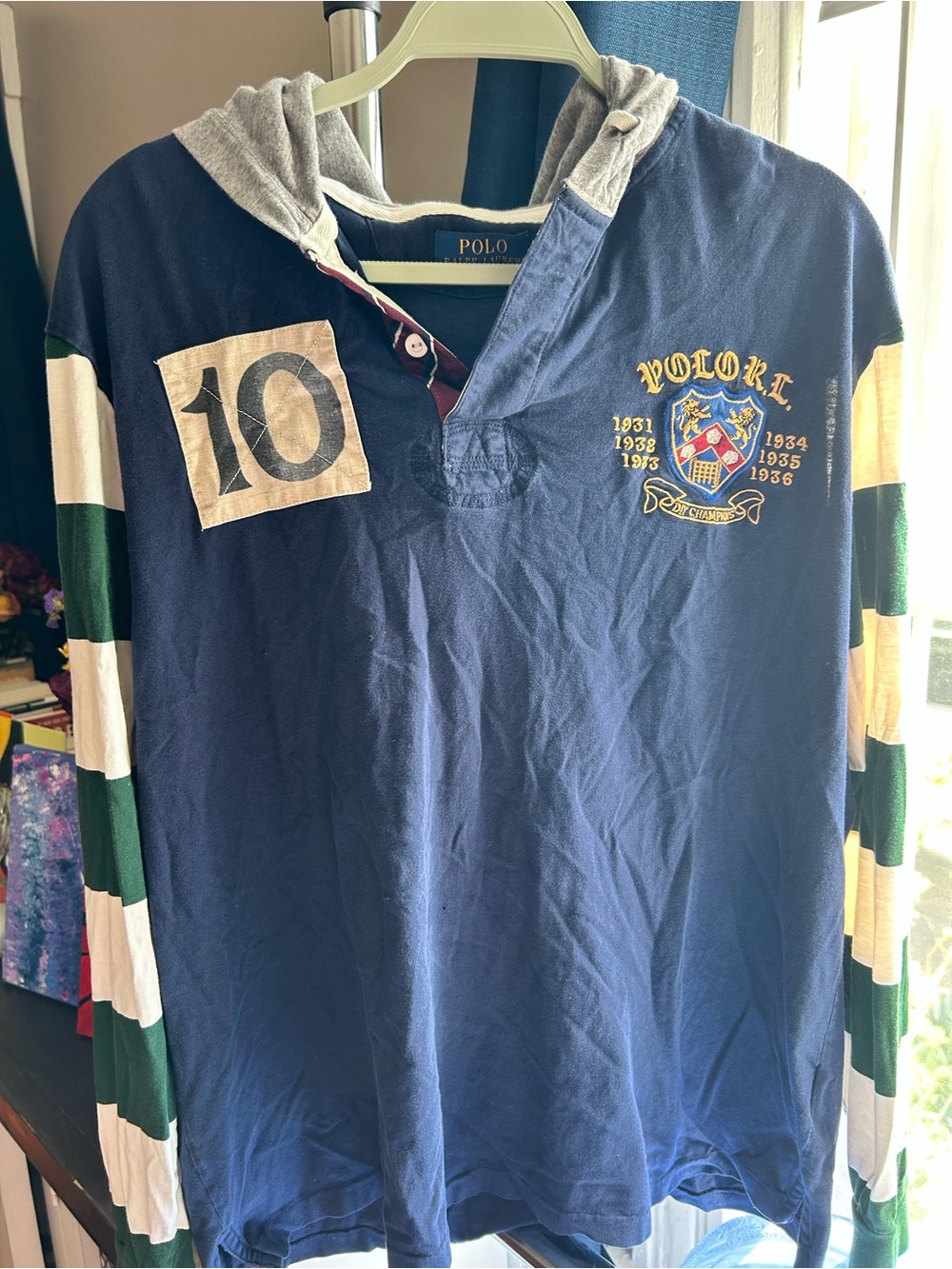 Polo by Ralph Lauren Navy Hooded Rugby Shirt with Striped Sleeves
